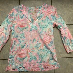 Lilly Pulitzer Green and Pink 3/4 Sleeve Relaxed Blouse